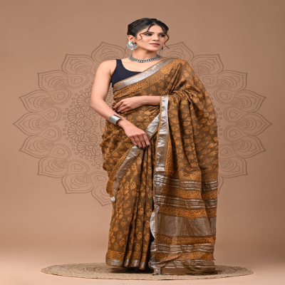 Traditional Linen Cotton Saree with Bagru Hand Block Print and Blouse