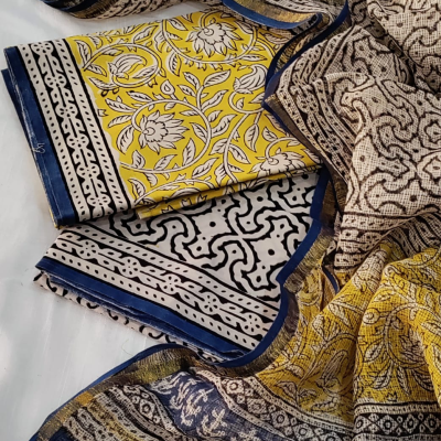 Blockart Hand Block Printed Cotton Suit with Kota Doria Dupatta – Yellow & Indigo Traditional Floral Design