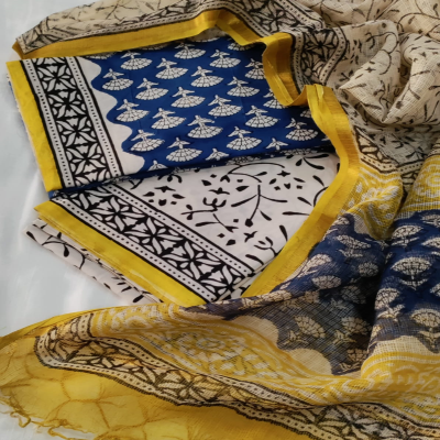 Hand Block Printed Cotton Suit with Kota Doria Dupatta – Blue & Yellow Traditional Design