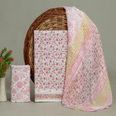 Trendy Flower Printed Cotton Suit Material with Chiffon Dupatta
