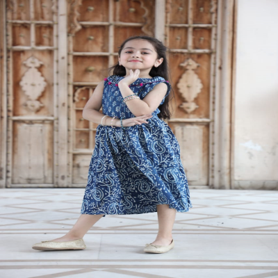 Fantastic Indigo Handblock Print Cotton Dress for Girl: