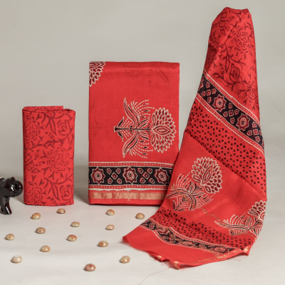 Elegant Handblock Print Pure Chanderi Silk Suit Set with Chanderi Silk Dupatta
