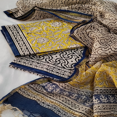 Blockart Hand Block Printed Cotton Suit with Kota Doria Dupatta – Yellow & Indigo Traditional Floral Design