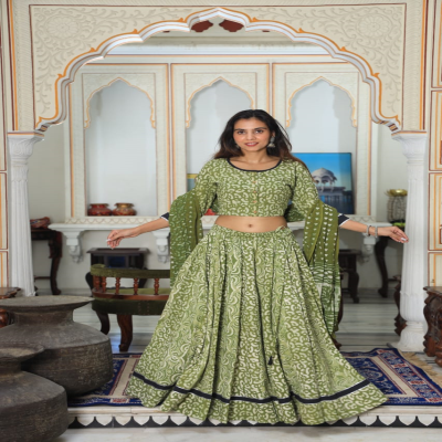 Olive Green Bagru Hand Block Cotton Chaniya Choli