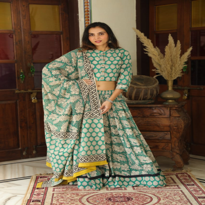 Elegant Green Floral & Leaf Print Cotton Lehenga Set