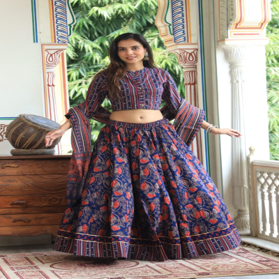 Navy Blue Red Floral & Stripe Print Cotton Lehenga Set