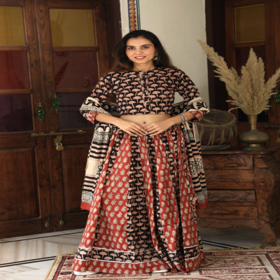 Black & Red Block Print Lehenga Set