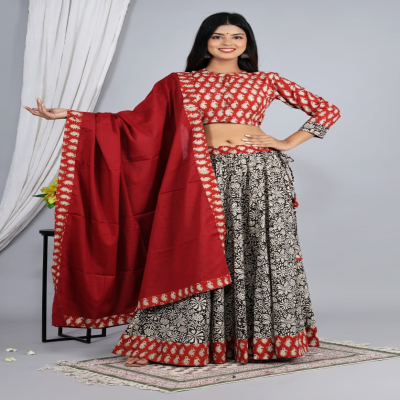 Graceful Black & Red floral hand Printed Cotton Lehenga Set