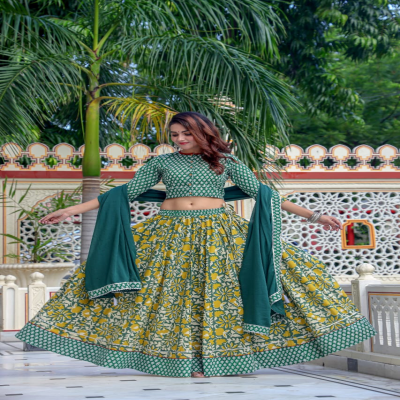 Charming Green & Yellow Floral Printed Cotton Lehenga Set