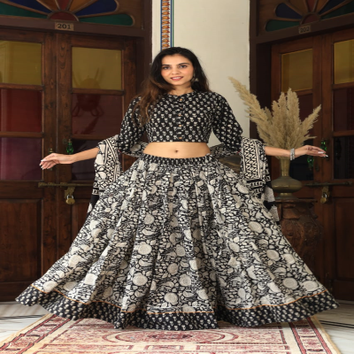 Classic Black & White Handblock Printed Lehenga Set