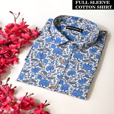 Blue and White Floral Print Full Sleeve Cotton Shirt