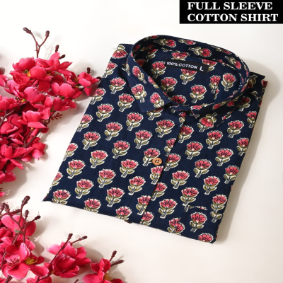 Navy Blue and Pink Floral Print Full Sleeve Cotton Shirt