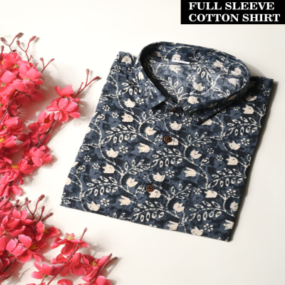 Grey and Off-White Floral Print Full Sleeve Cotton Shirt