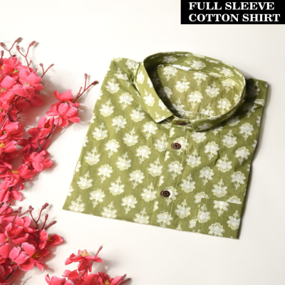 Olive Green and Off-White Floral Print Full Sleeve Cotton Shirt