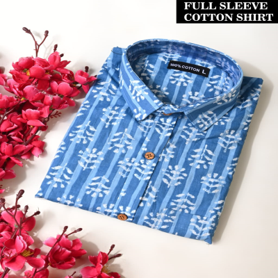 Sky Blue Striped Cotton Shirt with Hand-Block Floral Print