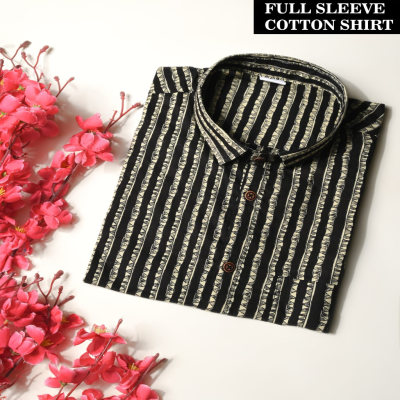 Black and Off-White Striped Cotton Shirt with Geometric Print