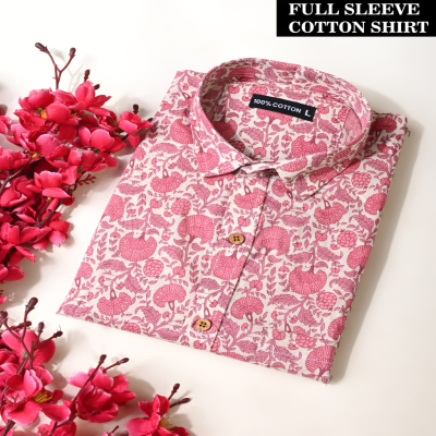 Pink and White Hand-Block Printed Floral Cotton Shirt