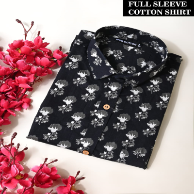 Sophisticated Black and Grey Floral Print Cotton Shirt