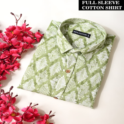 Olive Green and White Leaf Print Full Sleeve Cotton Shirt