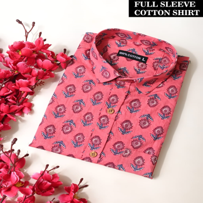 Hand-Block Printed Pink and Blue Floral Cotton Shirt