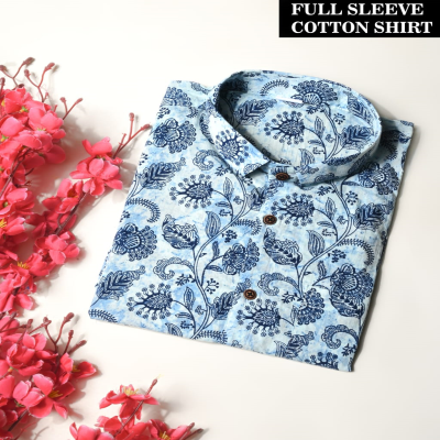 Hand-Block Printed Blue and White Floral Cotton Shirt