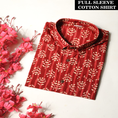 Hand-Block Printed Red and Off-White Cotton Shirt