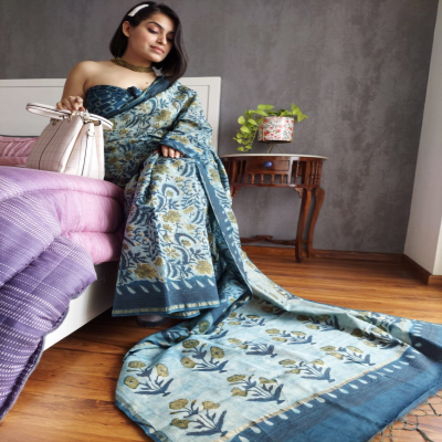 Traditional Ajrakh Printed Chanderi Saree with Blouse