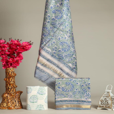 Classic Hand Block Printed Maheshwari Silk Suit with  Zari Border