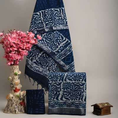 Blue Bliss Indigo Printed Suit Material with Silver Border