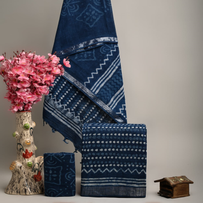 Indigo Printed Suit Material with Silver Border