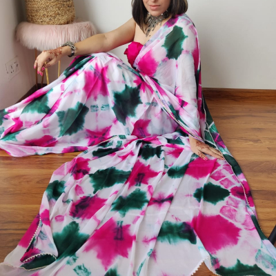 Pretty Pink & White Green Colored Saree