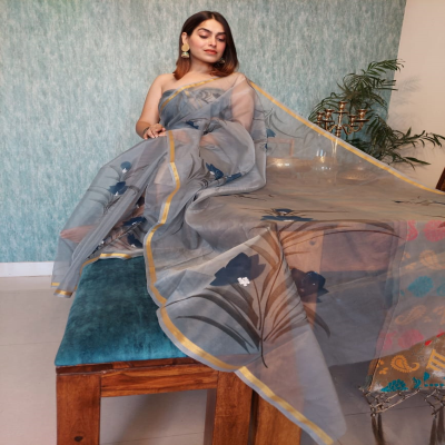 Heavenly Hues Hand-Painted Organza Saree and Matching Blouse Set