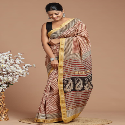 Handblock Printed Beige Base Maheshwari Silk Saree with Blouse
