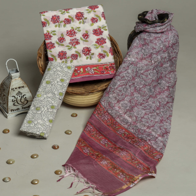 Pretty Green N Redhandblock Printed White Cotton Suit Material