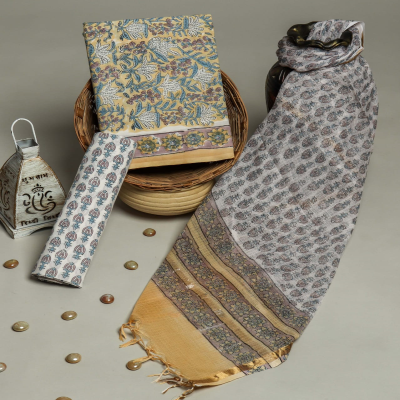 Natural Yellow Handblock Printed Pure Cotton Suit Material with Dupatta