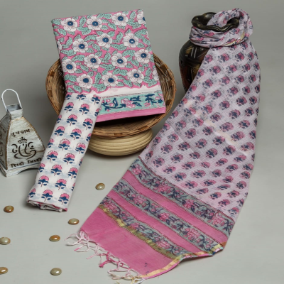 Hot Pink Pure Cotton Handblock Printed Dress Material