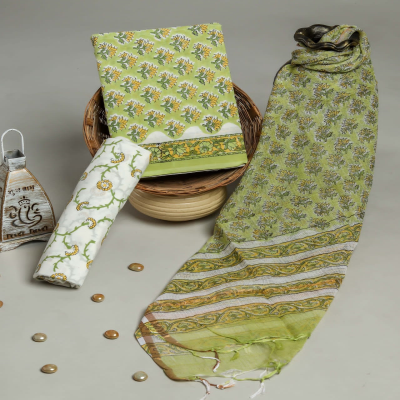 Beautiful Green Handblock Print Cotton Dress Material
