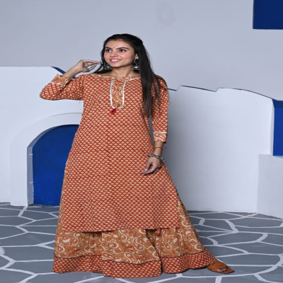 Comfortable Cotton Orange Kurta and Skirt Set With Bagru Handprint