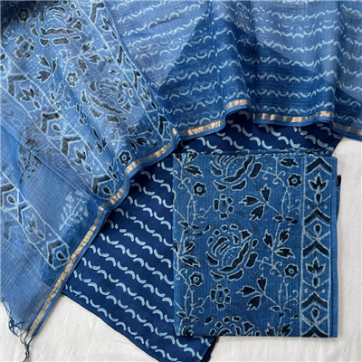 Classic Blue Kota Doria Block Print Suit Set (Floral & Wave)