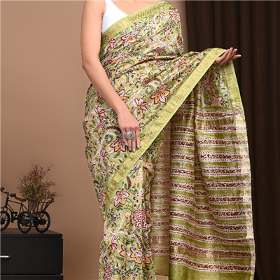 Pistachio Green Hand Block Print Maheshwari Silk Saree