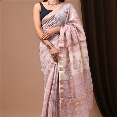 Elegant Pastel Pink Hand Block Print Maheshwari Silk Saree