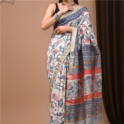 Classic Ivory Hand Block Print Maheshwari Silk Saree with Blue and Red Motifs