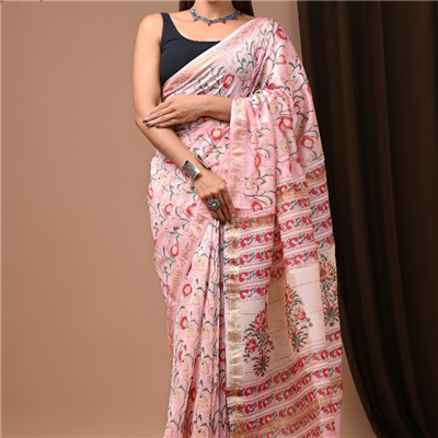 Serene Light Pink Hand Block Printed Maheshwari Silk Saree