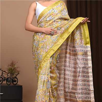 Olive Green Hand Block Print Maheshwari Silk Saree
