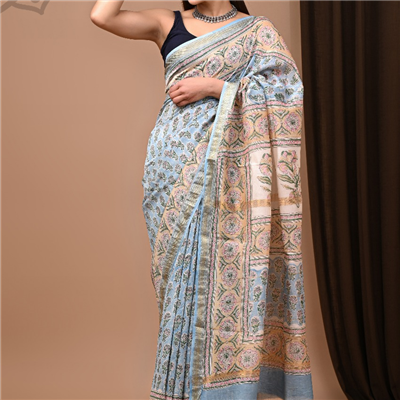 Pastel Blue Hand Block Print Maheshwari Silk Saree with Floral Motifs