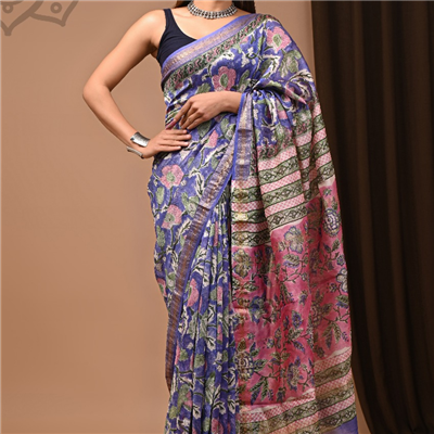 Dual-Tone Maheshwari Silk Saree with Pink and Blue Floral Prints