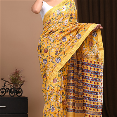 Mustard Yellow Hand Block Print Maheshwari Silk Saree