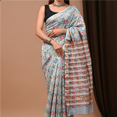 Sky Blue Maheshwari Silk Saree with Red Floral Motifs