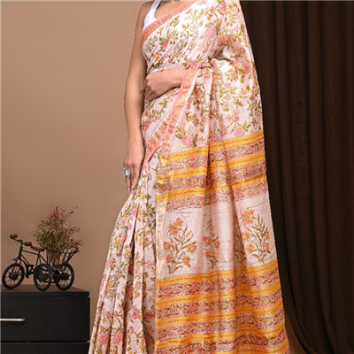 Hand Block Printed Maheshwari Silk Saree with Floral & Striped Pallu
