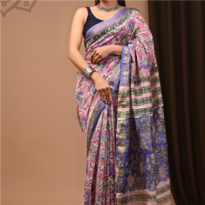 Elegant Pink & Blue Floral Saree with Traditional Motifs